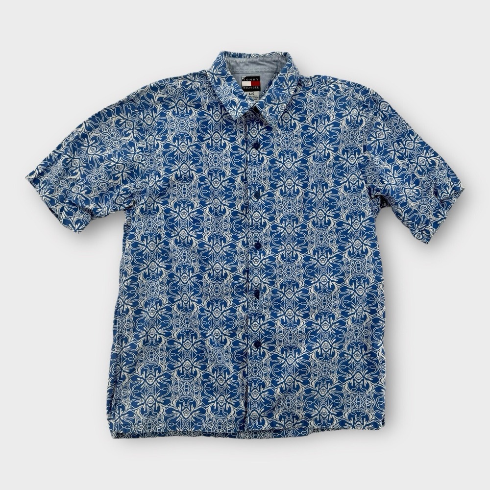 Vintage Tommy Hilfiger Shirt Mens Large Abstract Geometric Print Cotton Blue Y2K